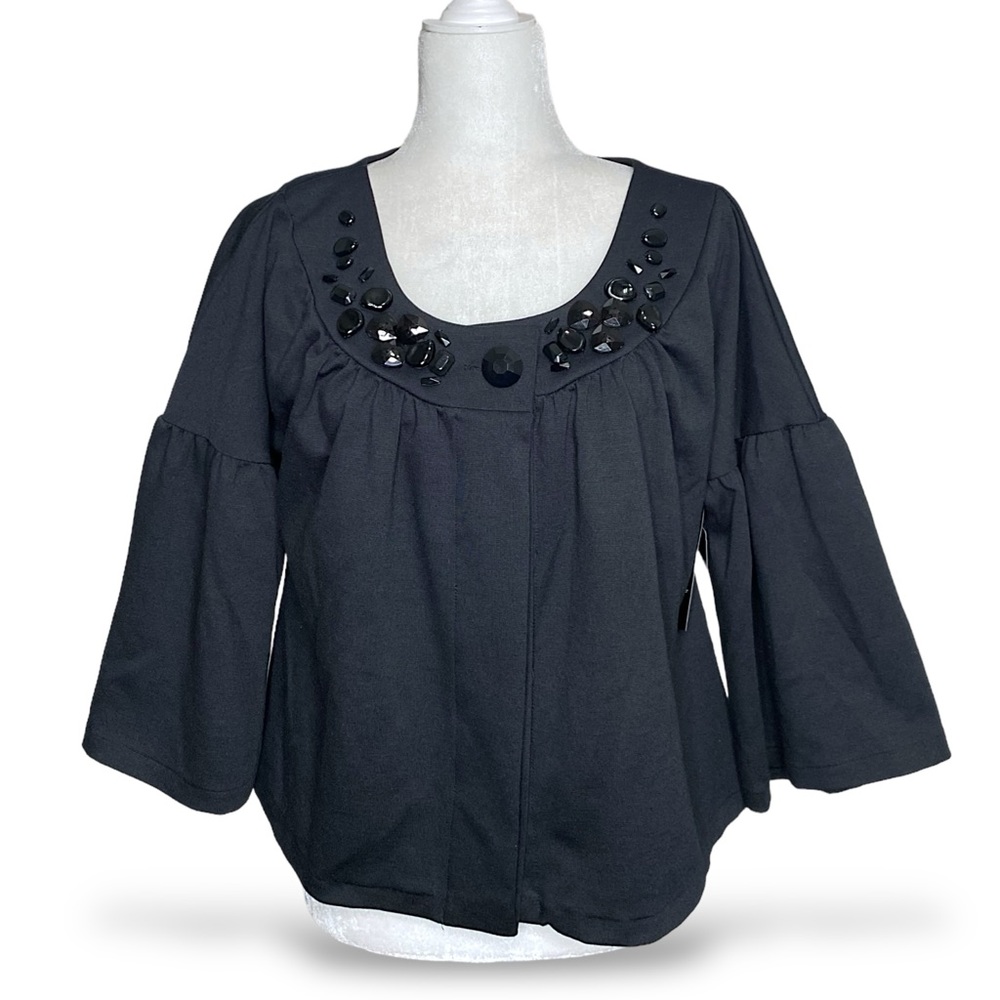 NWT Nine West Embellished Jeweled Bell 3/4 Sleeve Work Black Blazer Jacket